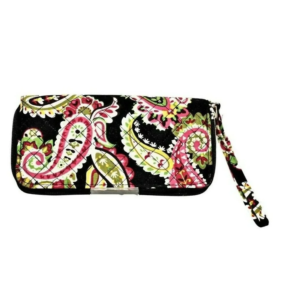 Wallet Vera Bradley Quilted Zip Around Wristlet Pink Black Green Yellow Paisley - Picture 2 of 5